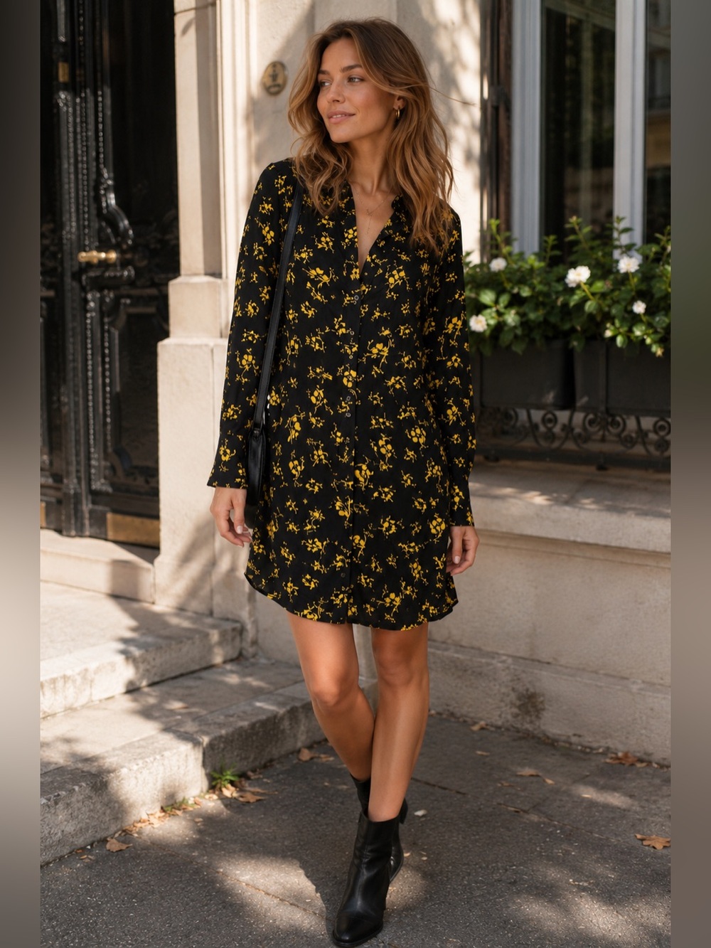 GANNI Black Yellow Floral Button Front Shirt Dress Size 36 Small 100% Viscose